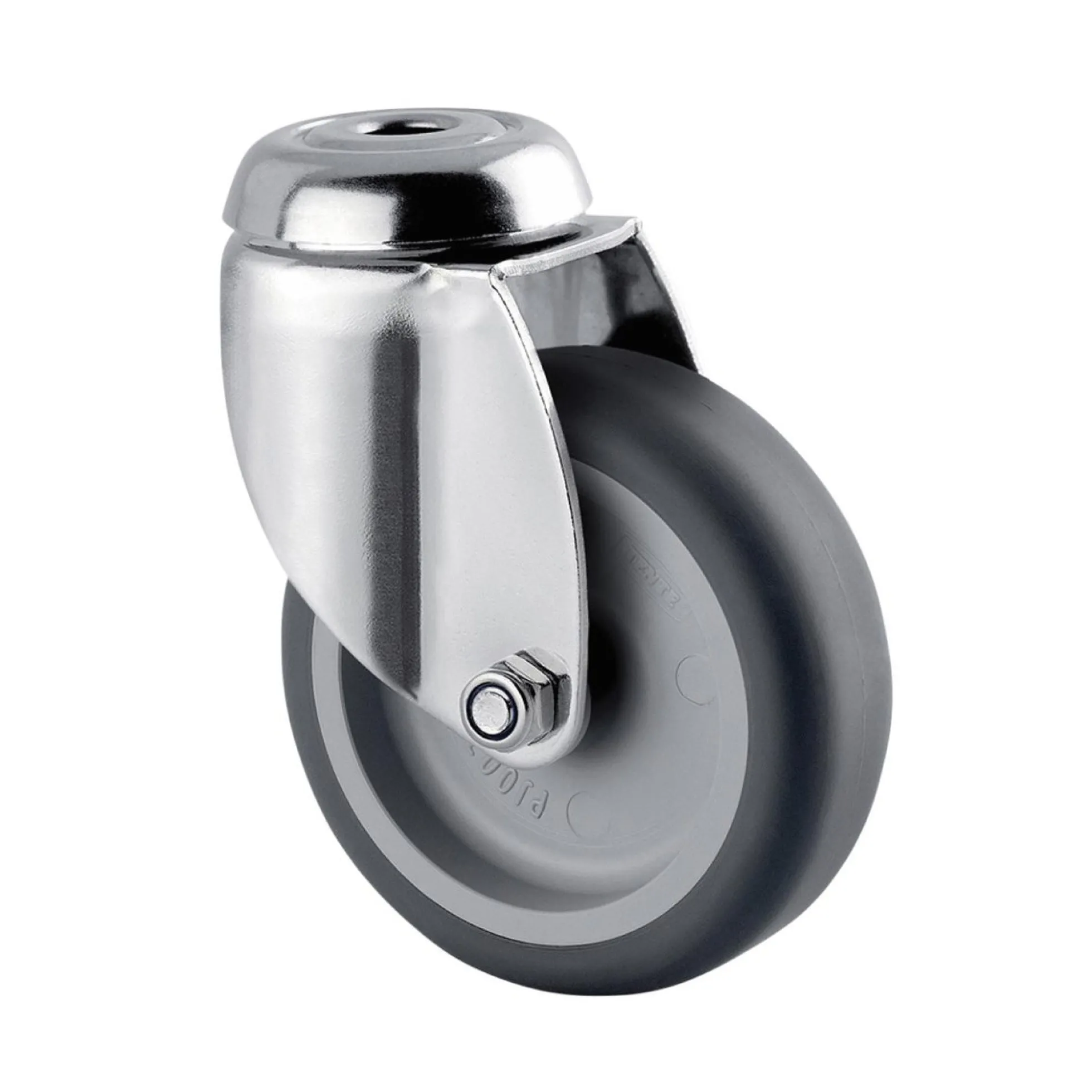 Drejeligt hjul, grå gummi, Ø75 mm, 75 kg, glideleje med bolthul, rustfri, byggehøjde: 100 mm