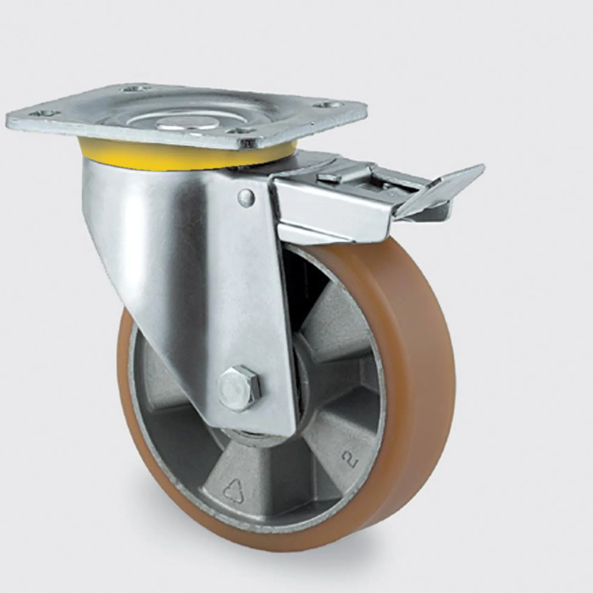 Drejeligt hjul m/ bremse, polyuretan, Ø125 mm, 500 kg, DIN-kugleleje med plade, byggehøjde 164 mm