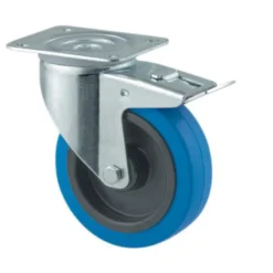 Drejeligt hjul med bremse, blå elastisk gummi, Ø125 mm, 250 kg, rulleleje med plade - Byggehøjde: 155 mm