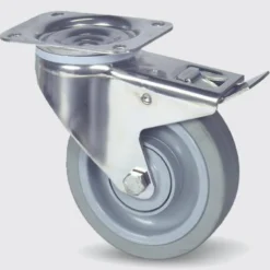 Drejeligt hjul med bremse, grå elastisk gummi, Ø160 mm, 300 kg, DIN-kugleleje og tætning med plade, rustfri