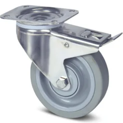 Drejeligt hjul med bremse, grå elastisk gummi, Ø125 mm, 160 kg, DIN-kugleleje og tætning med plade, rustfri