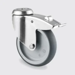 Drejeligt hjul med bremse, grå gummi, Ø100 mm, 100 kg, glideleje med bolthul, rustfri, byggehøjde: 135 mm