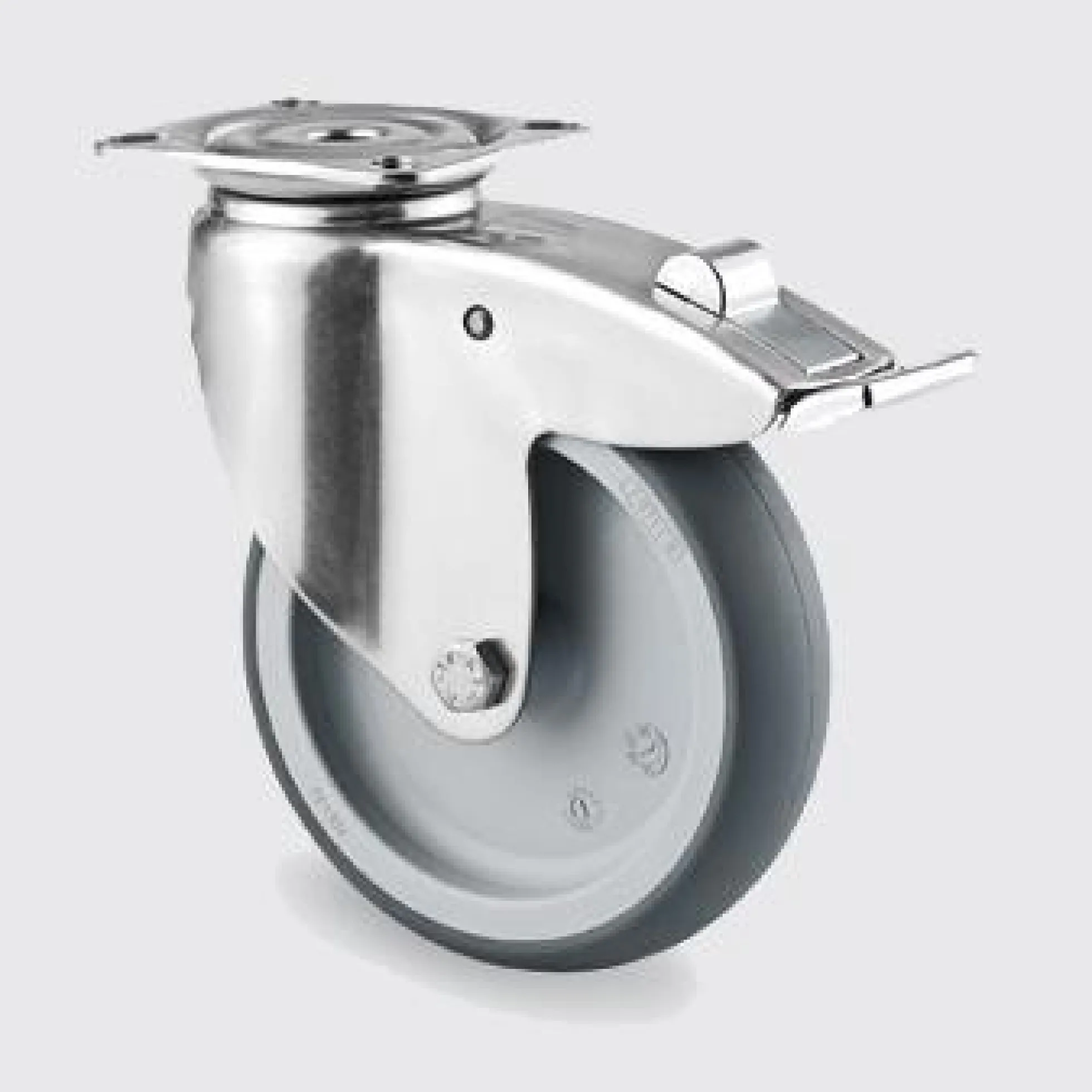 Drejeligt hjul med bremse, grå gummi, Ø75 mm, 75 kg, glideleje, med plade, rustfri, byggehøjde: 100 mm
