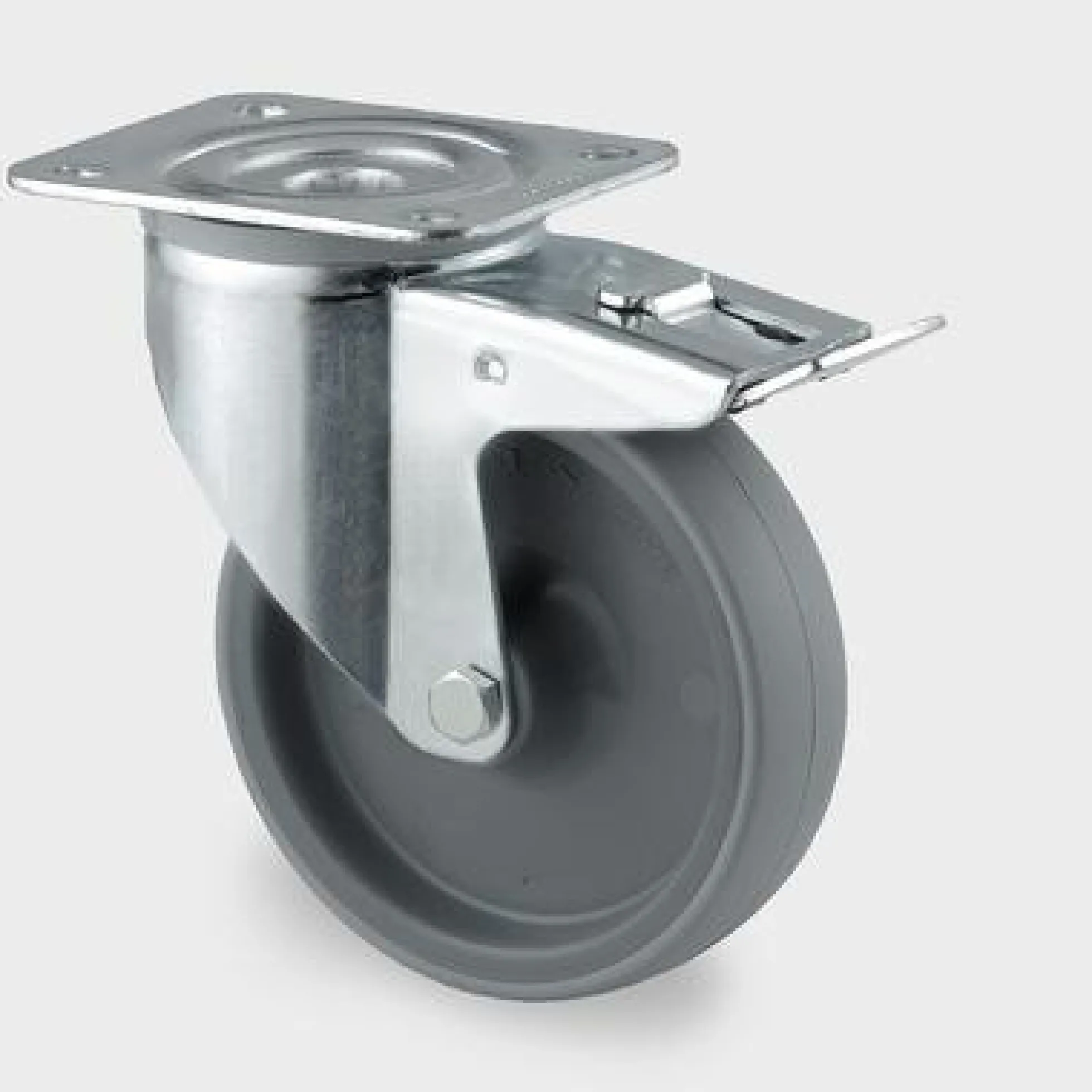 Drejeligt hjul med bremse, grå polyuretan, Ø80 mm, 150 kg, rulleleje med plade, byggehøjde: 108 mm