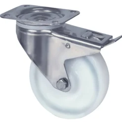 Drejeligt hjul med bremse, polyamid, Ø125 mm, 250 kg, glideleje, med plade, rustfri, byggehøjde: 160 mm