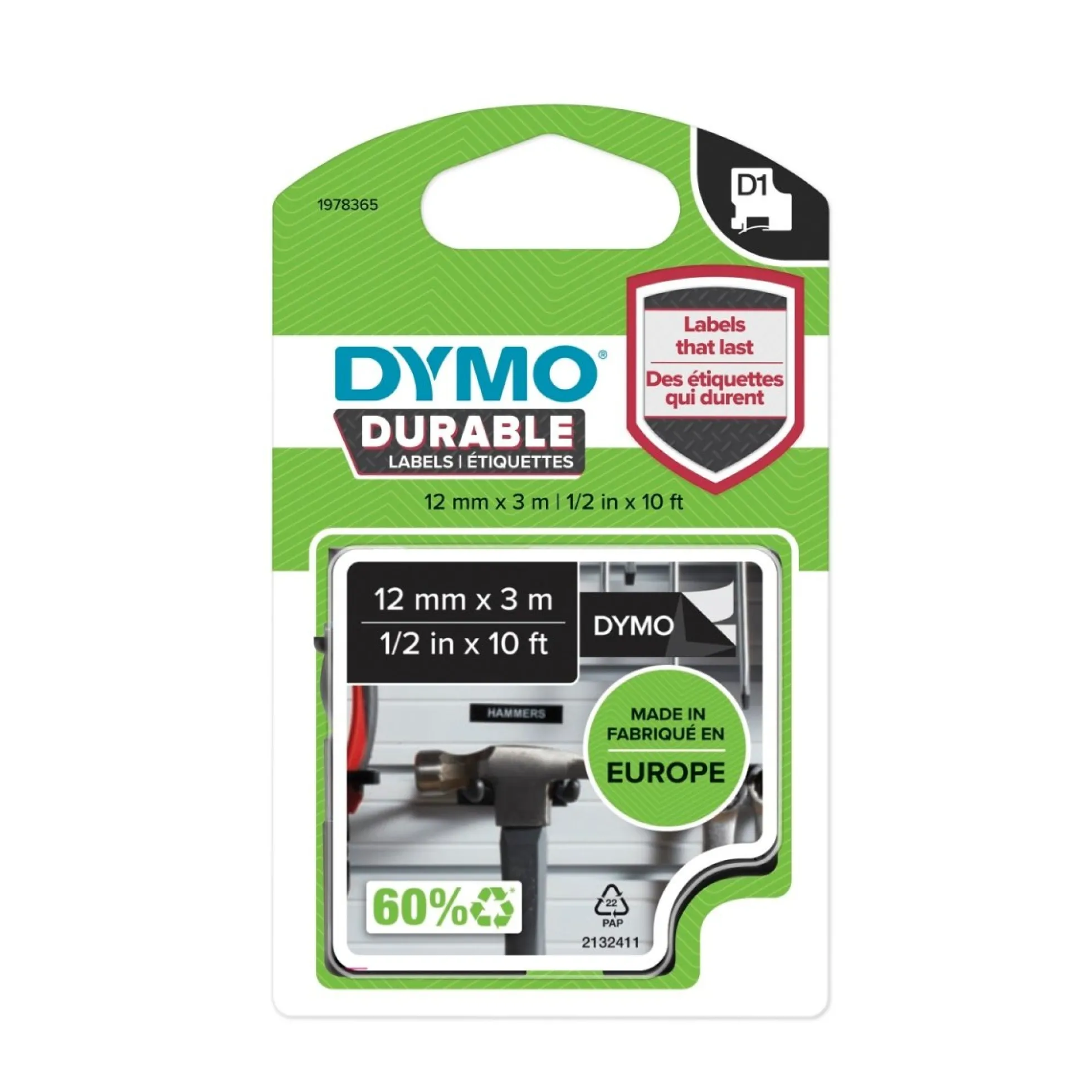 DYMO D1 Durable tape 12 mm x 3 m, hvid/sort