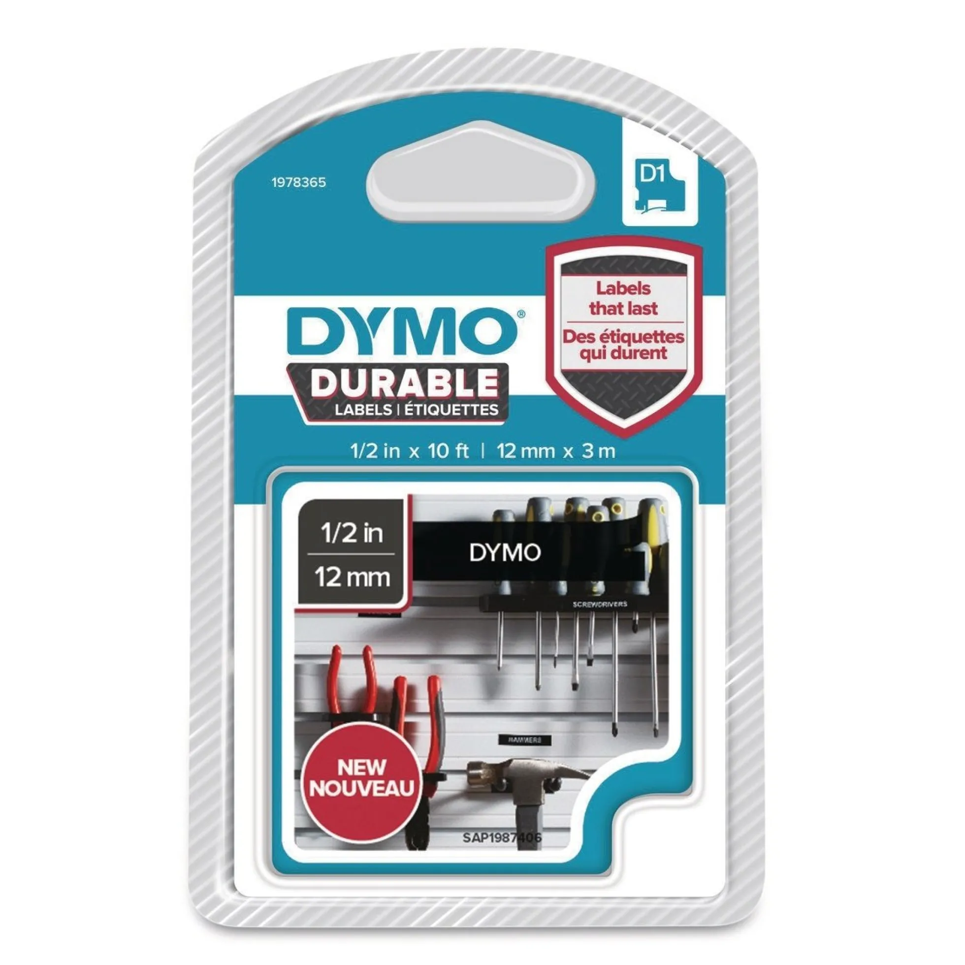 DYMO D1 Durable tape 12 mm x 3 m, hvid/sort