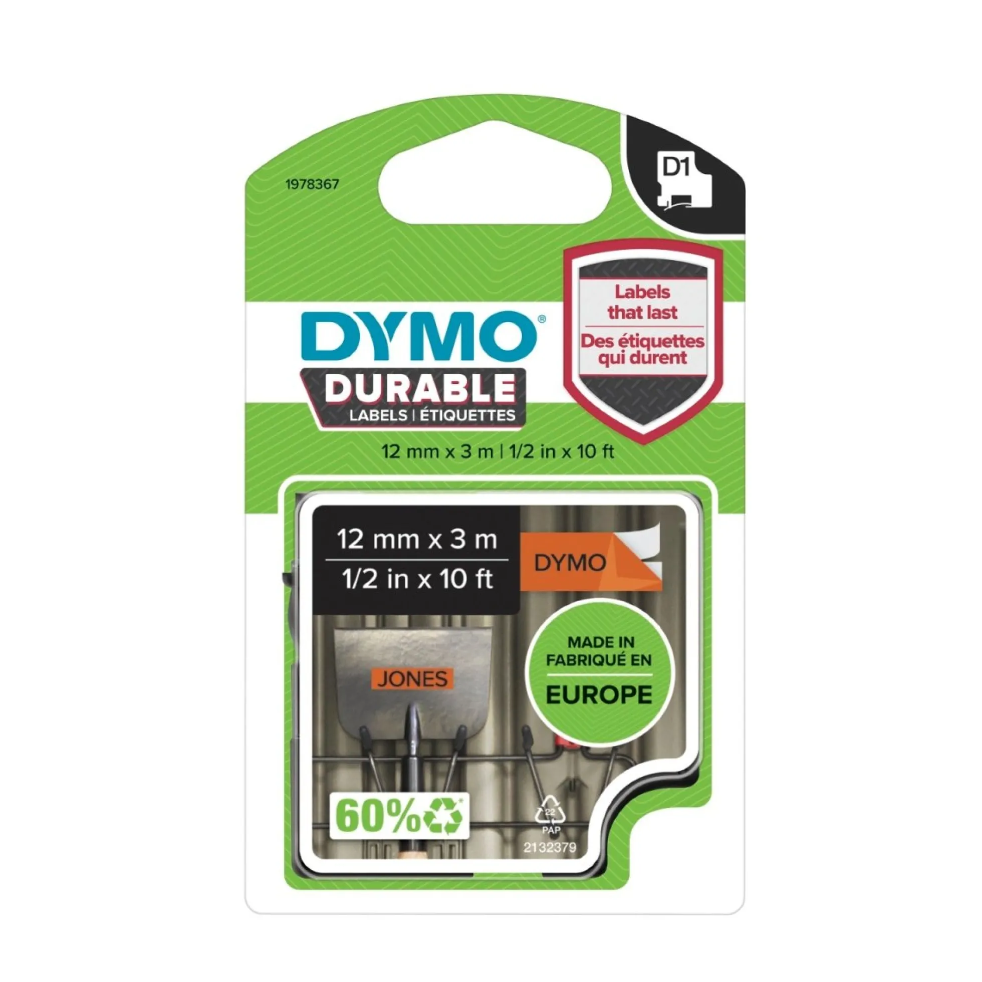 DYMO D1 Durable tape 12 mm x 3 m, sort/orange