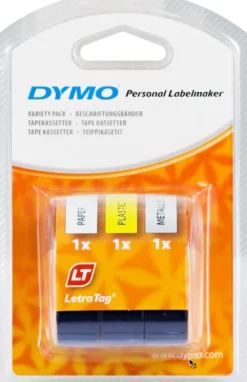 DYMO LetraTag, pakke med 3 forskellige tape, papir(hvid), plast(gul) o