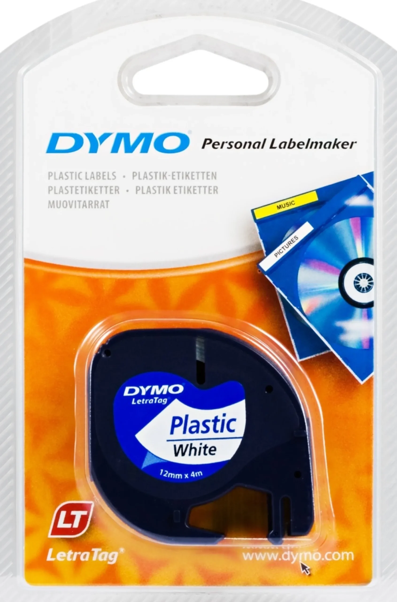 DYMO LetraTag, plasttape, hvid, 12mm, 4m - 91221