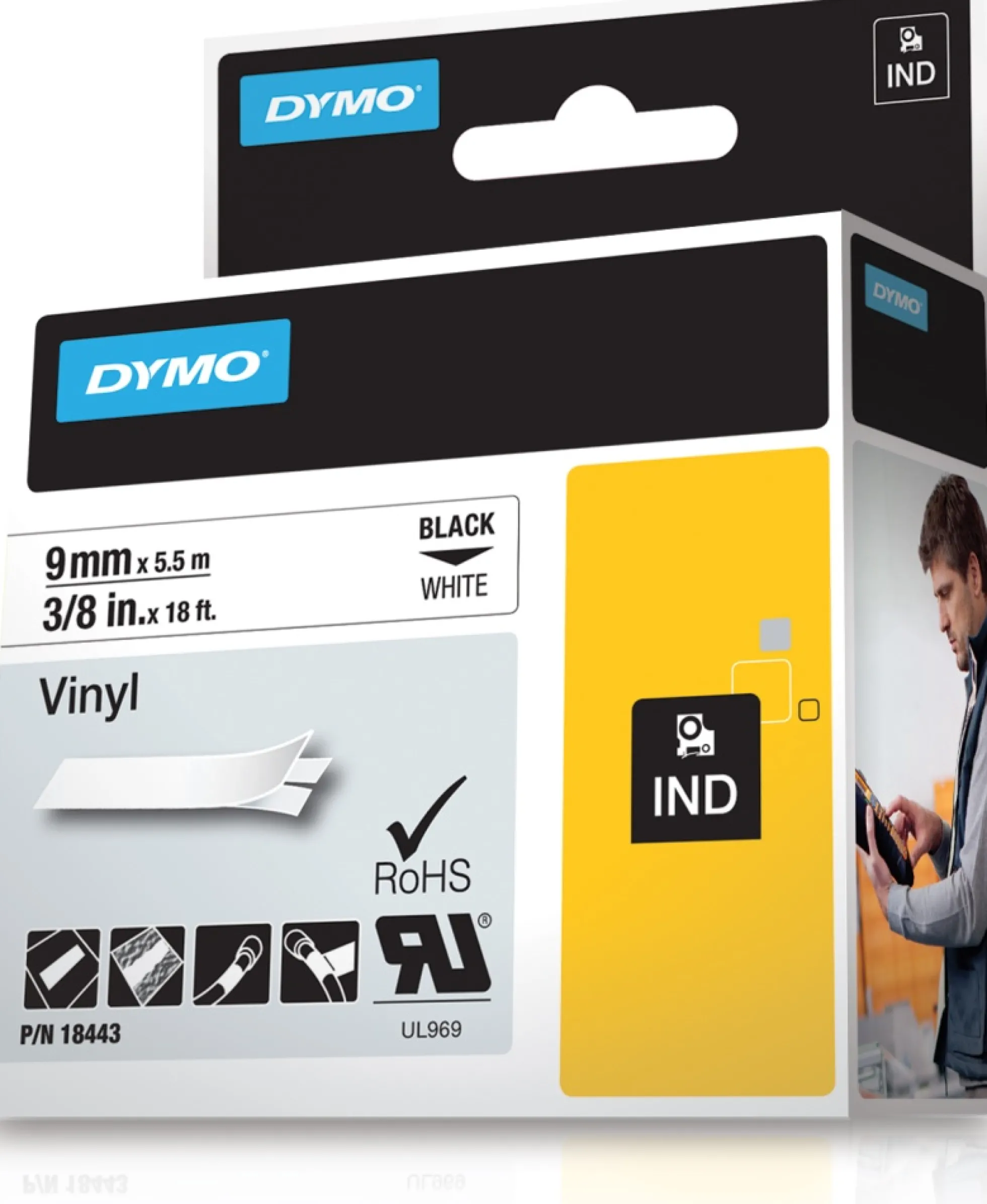 DYMO Rhino Professional, mærkbar permanent vinyltape, 9 mm, sort teks