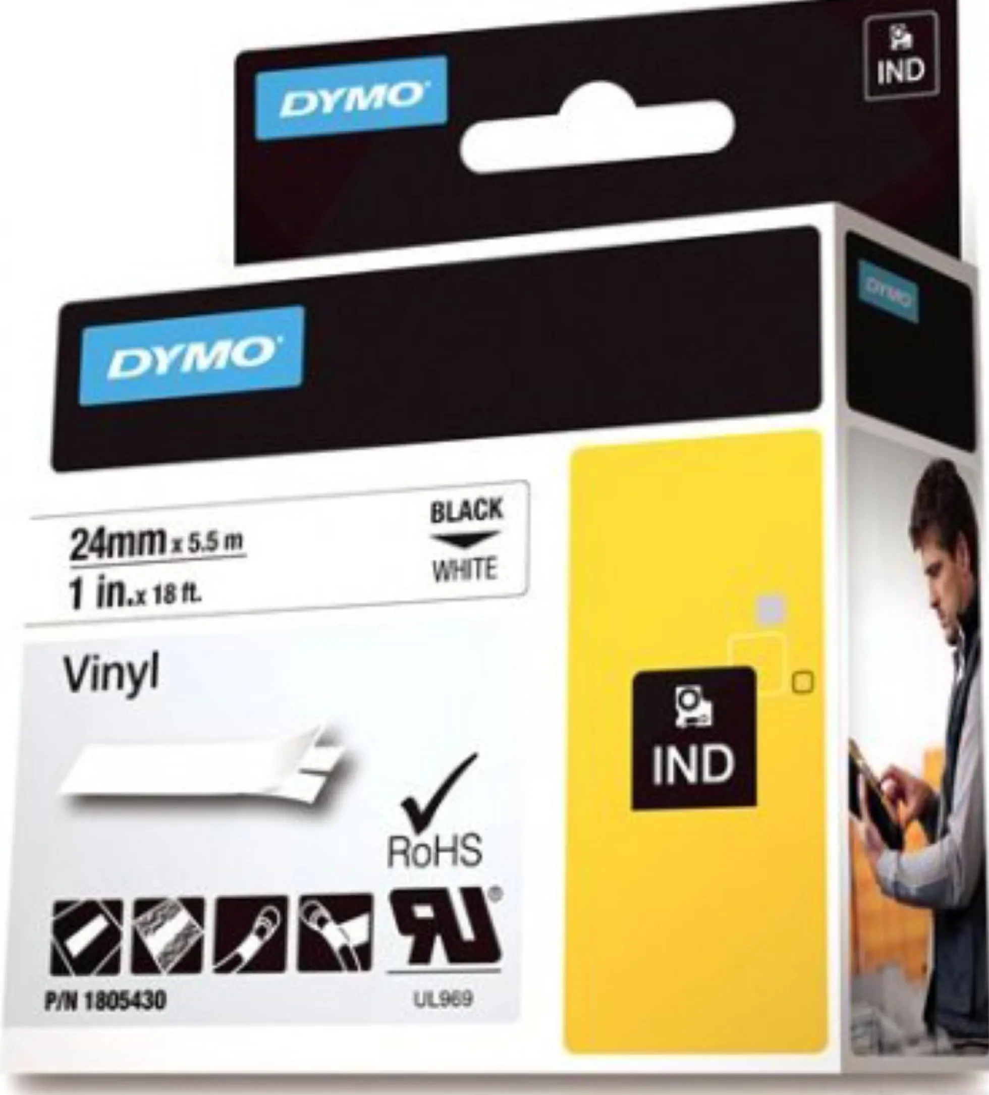 DYMO Rhino Professional, mærkbar permanent vinyltape, 24mm, sort teks
