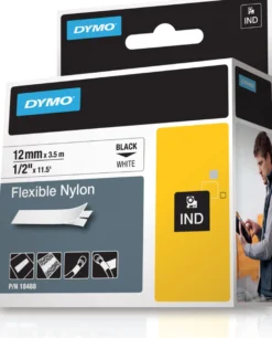 DYMO Rhino Pro, mærkbar fleksibel nylontape, 12 mm, sort tekst på hvid tape, 3.5 meter