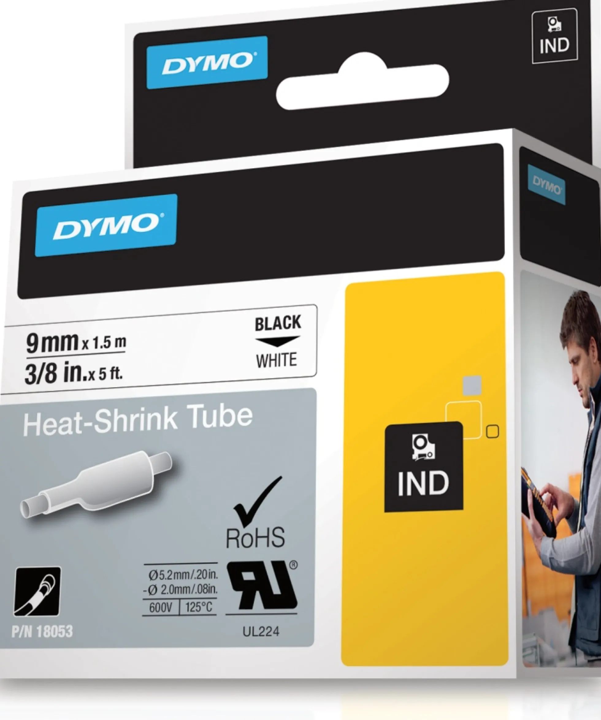 DYMO RhinoPRO mærkbar krympplast 9mm, sort tekst på hvid rulle, 1,5m