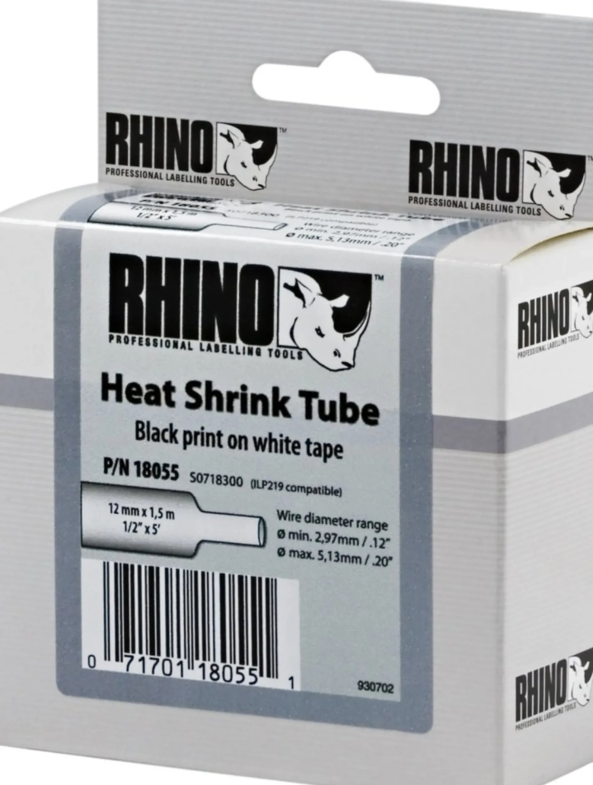 DYMO RhinoPRO, shrink tubing, 12x1,5 mm, sort tekst på hvid tape, 1,5