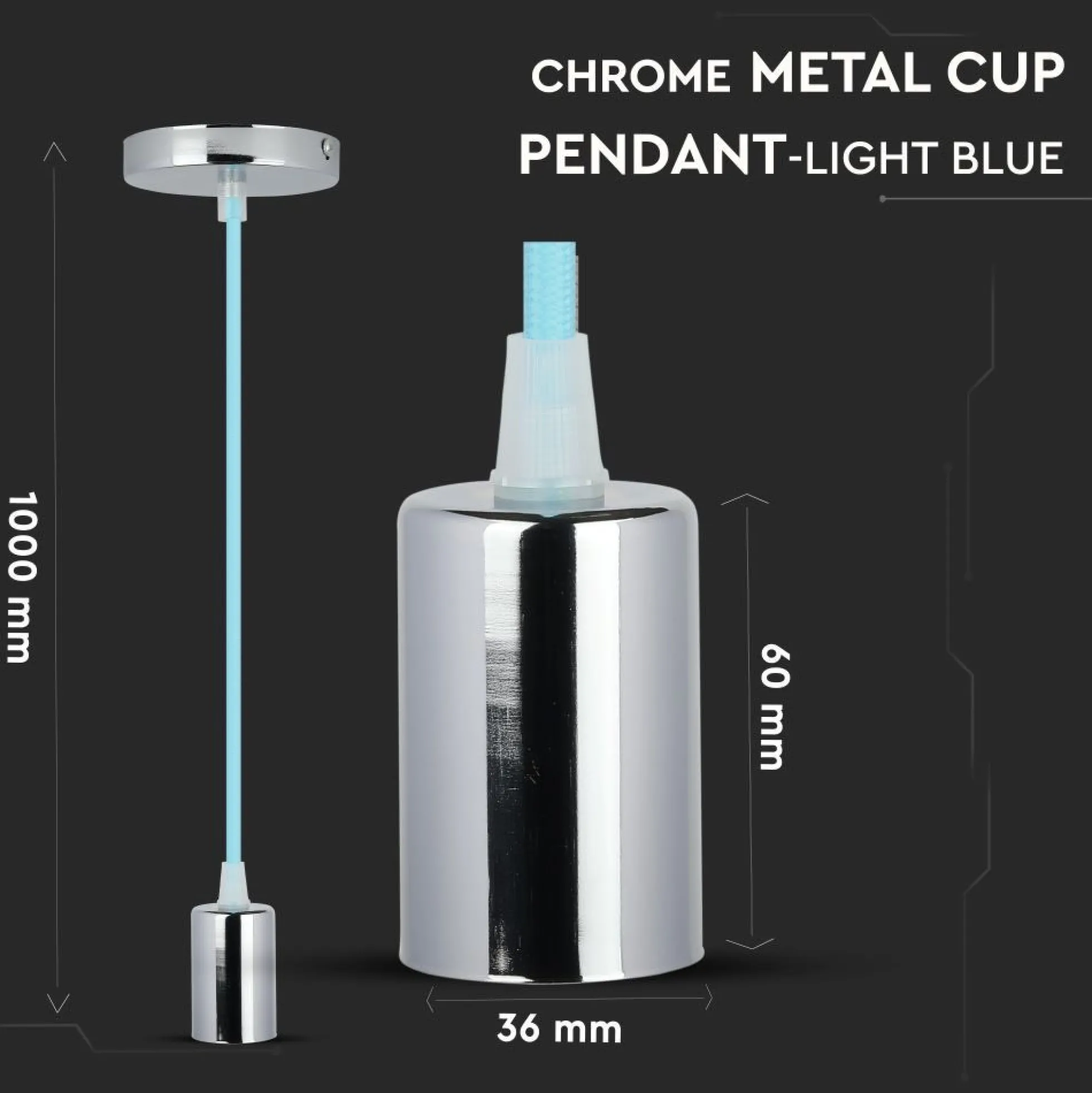 E27 krom metal kop-pendel lampe, lysblå