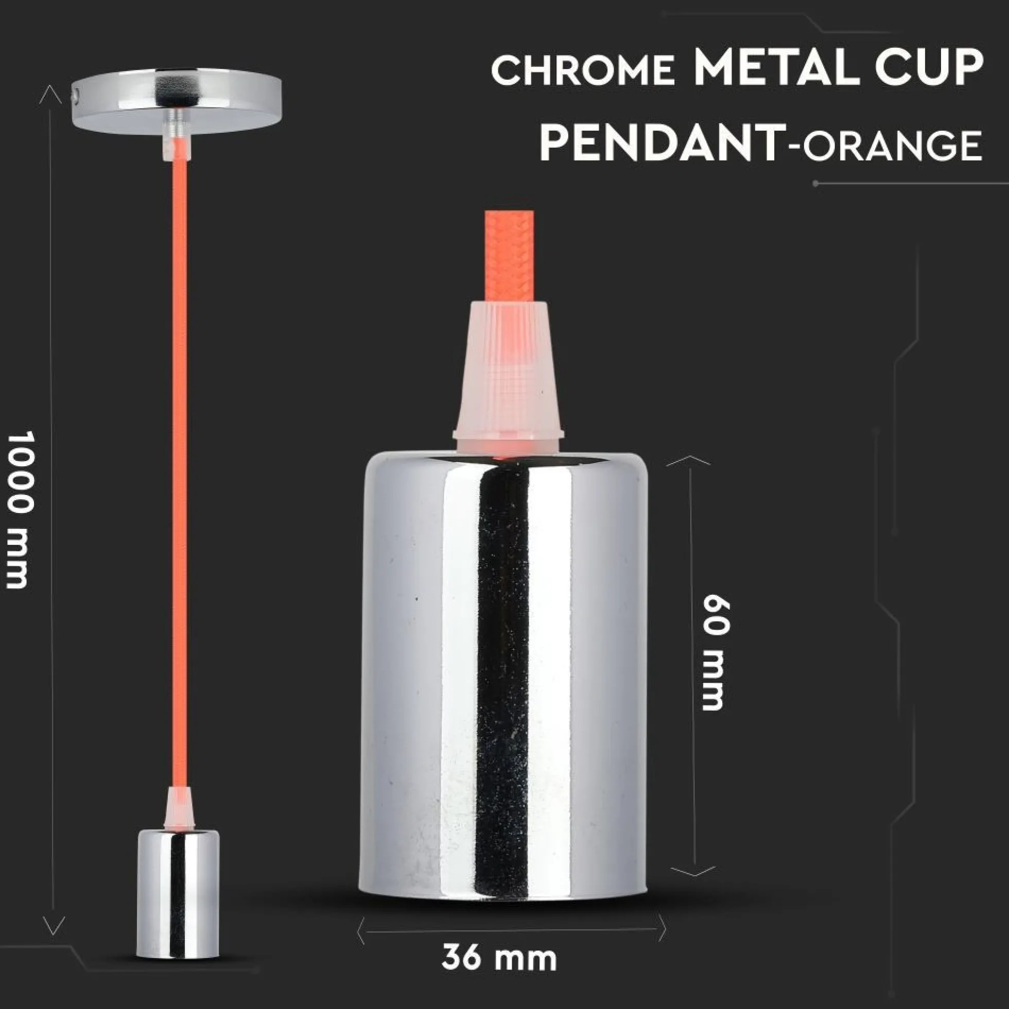 E27 pendelophæng, krom med orange ledning, Ø3,6 cm, IP20