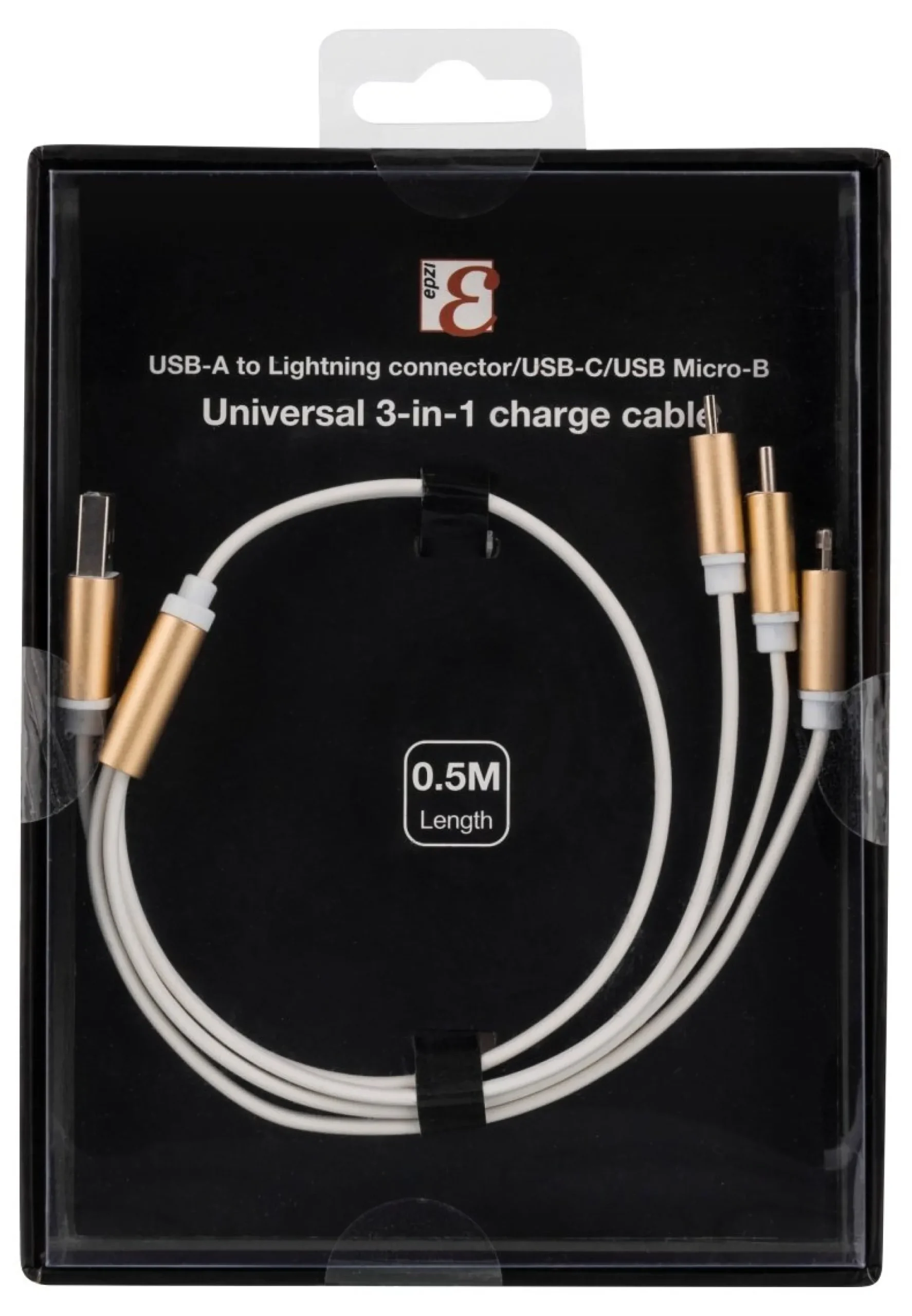 EPZI Multi-Charger, USB-C, Lightning, Micro USB, USB-A, 50cm, hvid