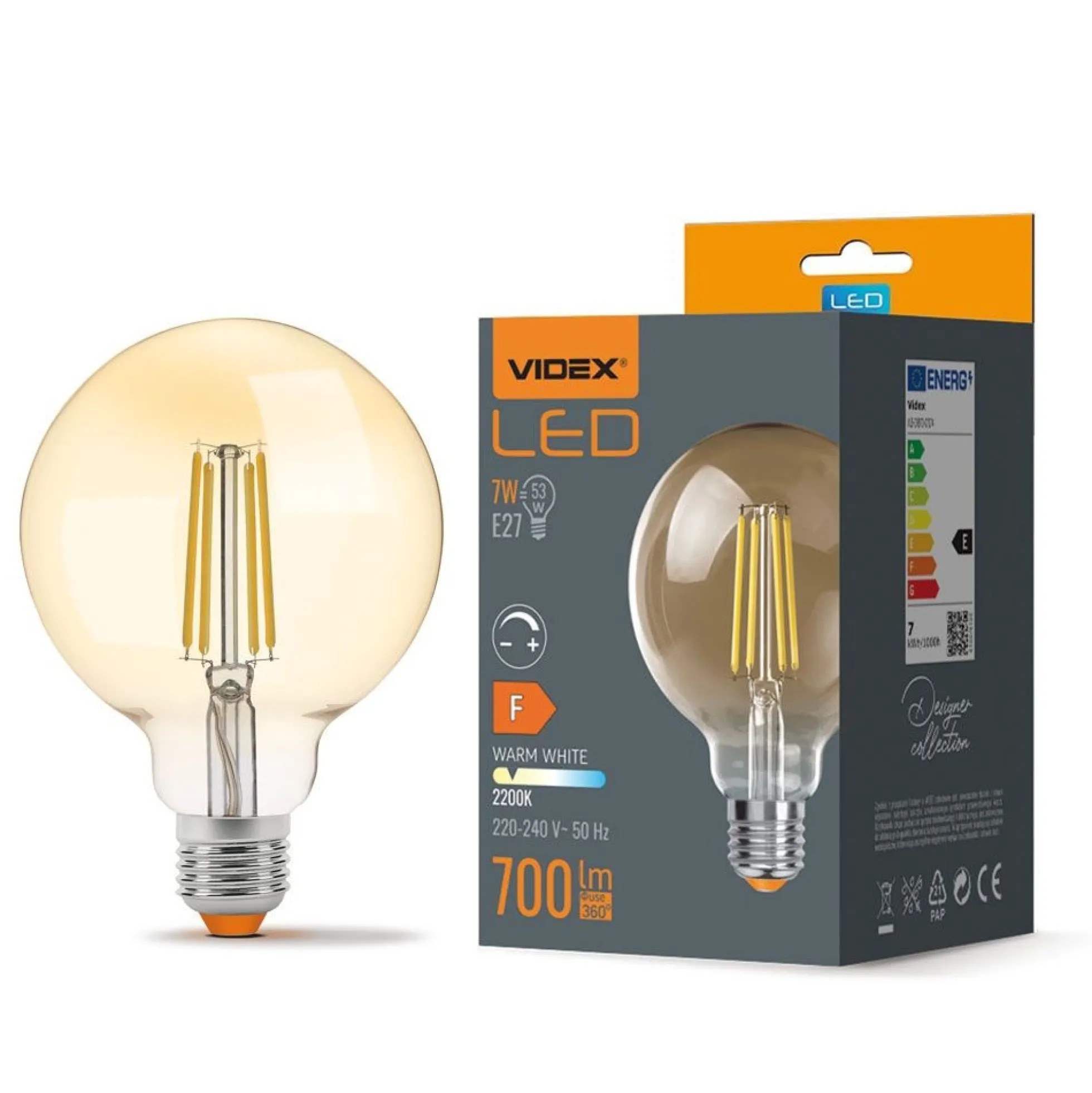 E27 7W dæmpbar LED pære, G95, Amber glas, Filament, Erstat 53W, 2200K