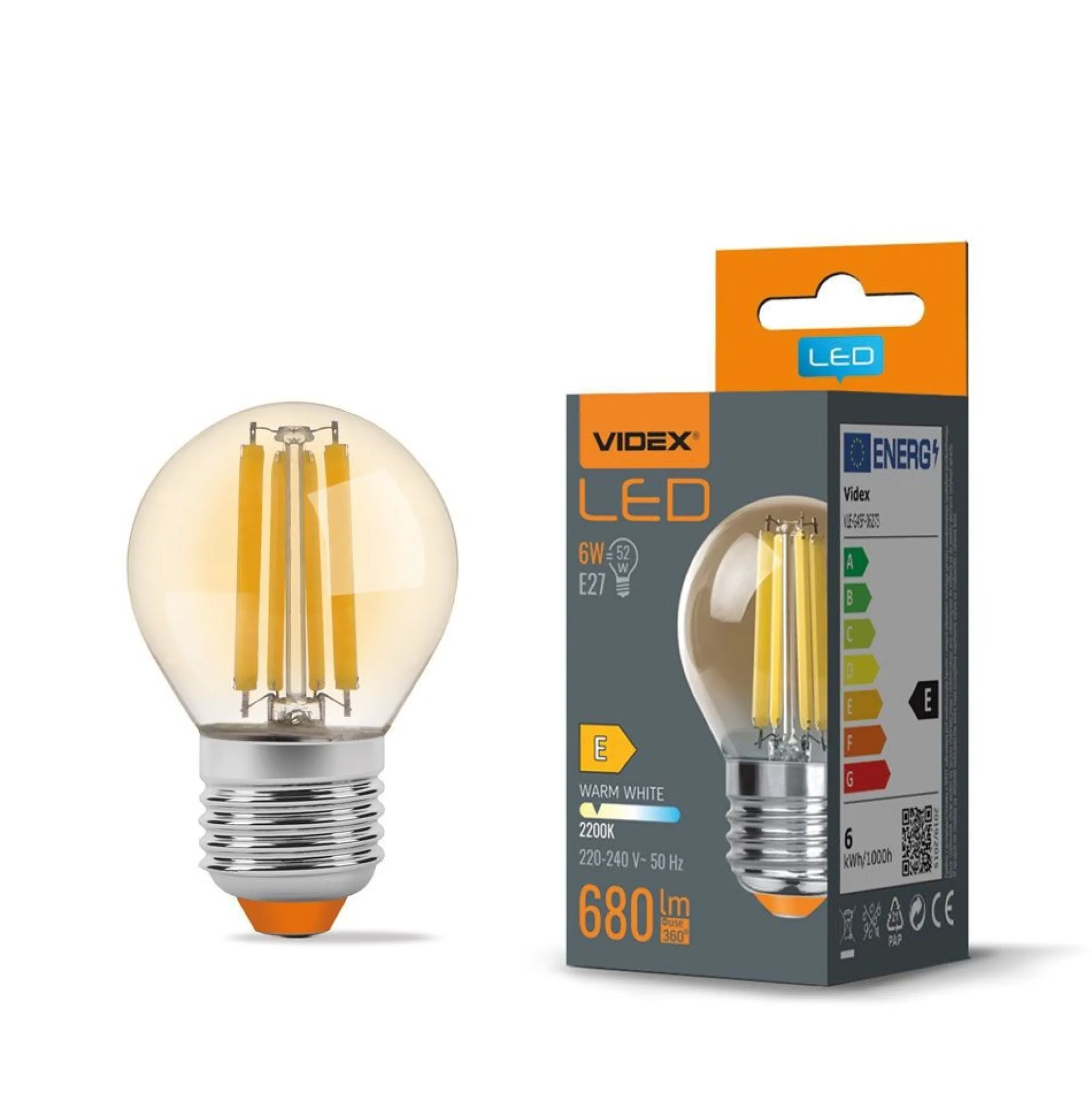 E27 6W LED filament kronepære, G45, Amber glas, 360 grader, 750lm, 2200K