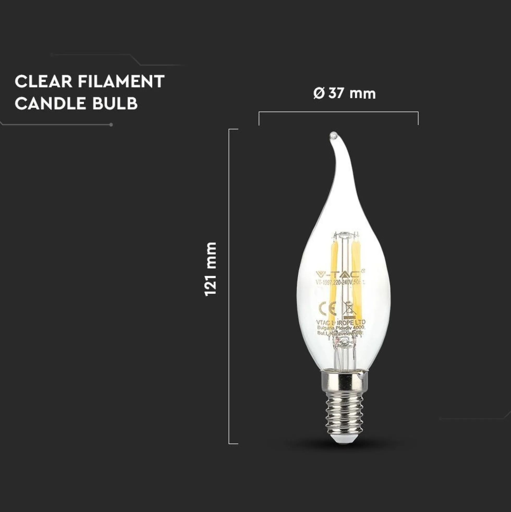 E14 4W LED flammepære, kultråd, varm hvid, 400 lumen, 2700K