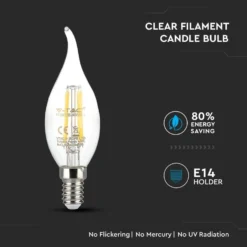 E14 4W LED flammepære, kultråd, varm hvid, 400 lumen, 2700K
