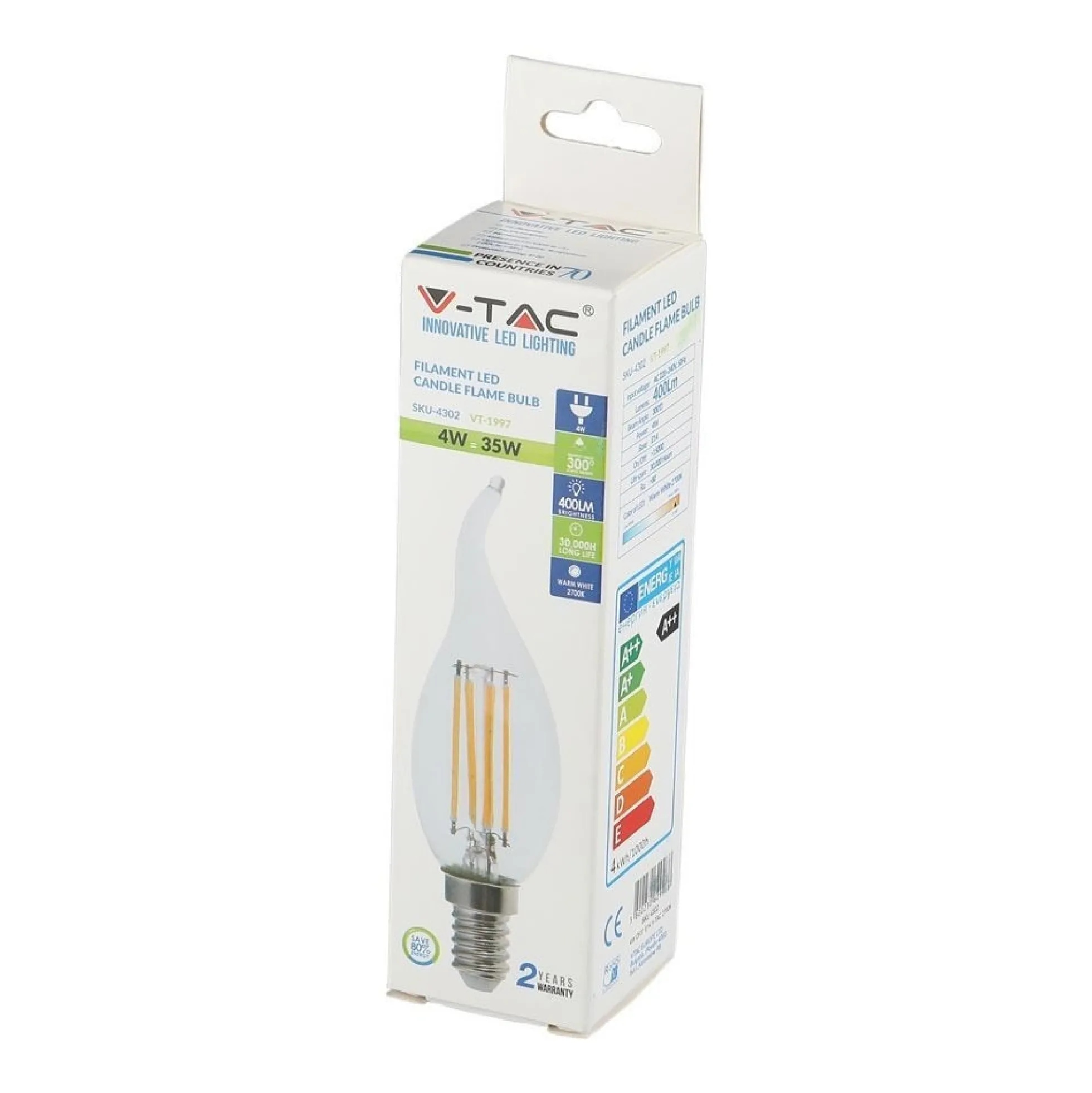 E14 4W LED flammepære, kultråd, varm hvid, 400 lumen, 2700K