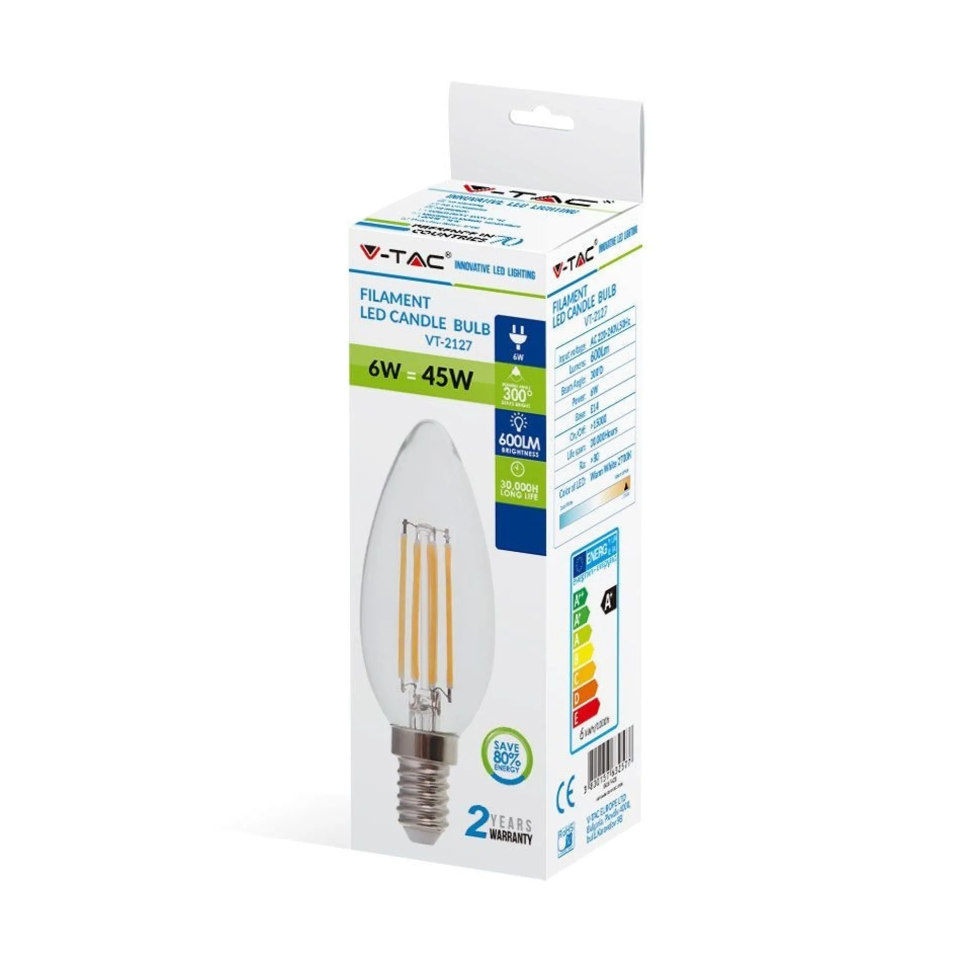 E14 6W LED kertepære, Kultråd, Ikke dæmpbar, Varm hvid (2700K)