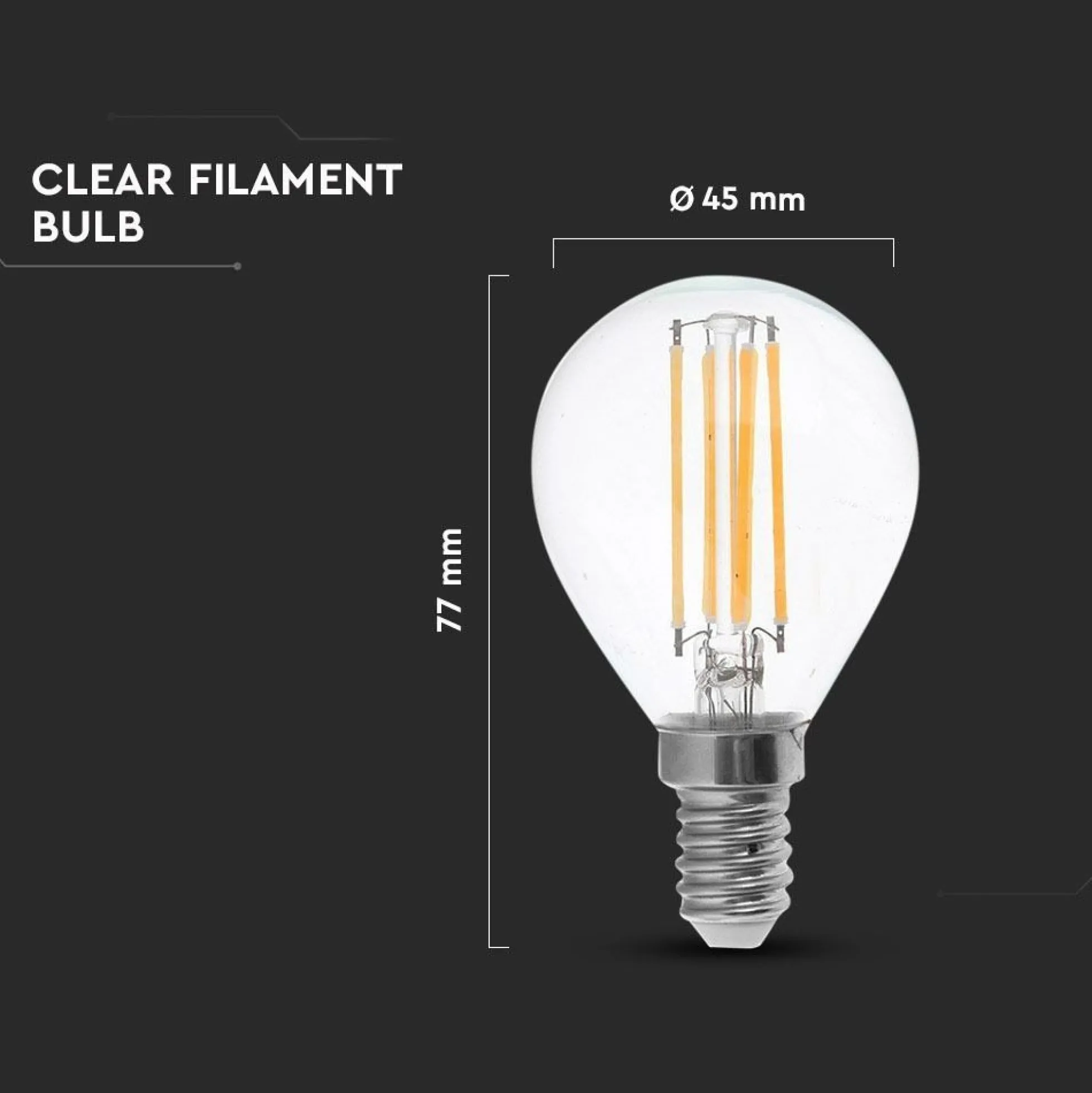 E14 4W LED kronepære - Kultråd, P45, 400 lumens, RA 80-85, 2700K, 77 x Ø46 mm - V-Tac