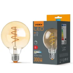 E27 4W LED pære, G95, spiral filament, amber glas, flicker free, dæmpbar, 2200K