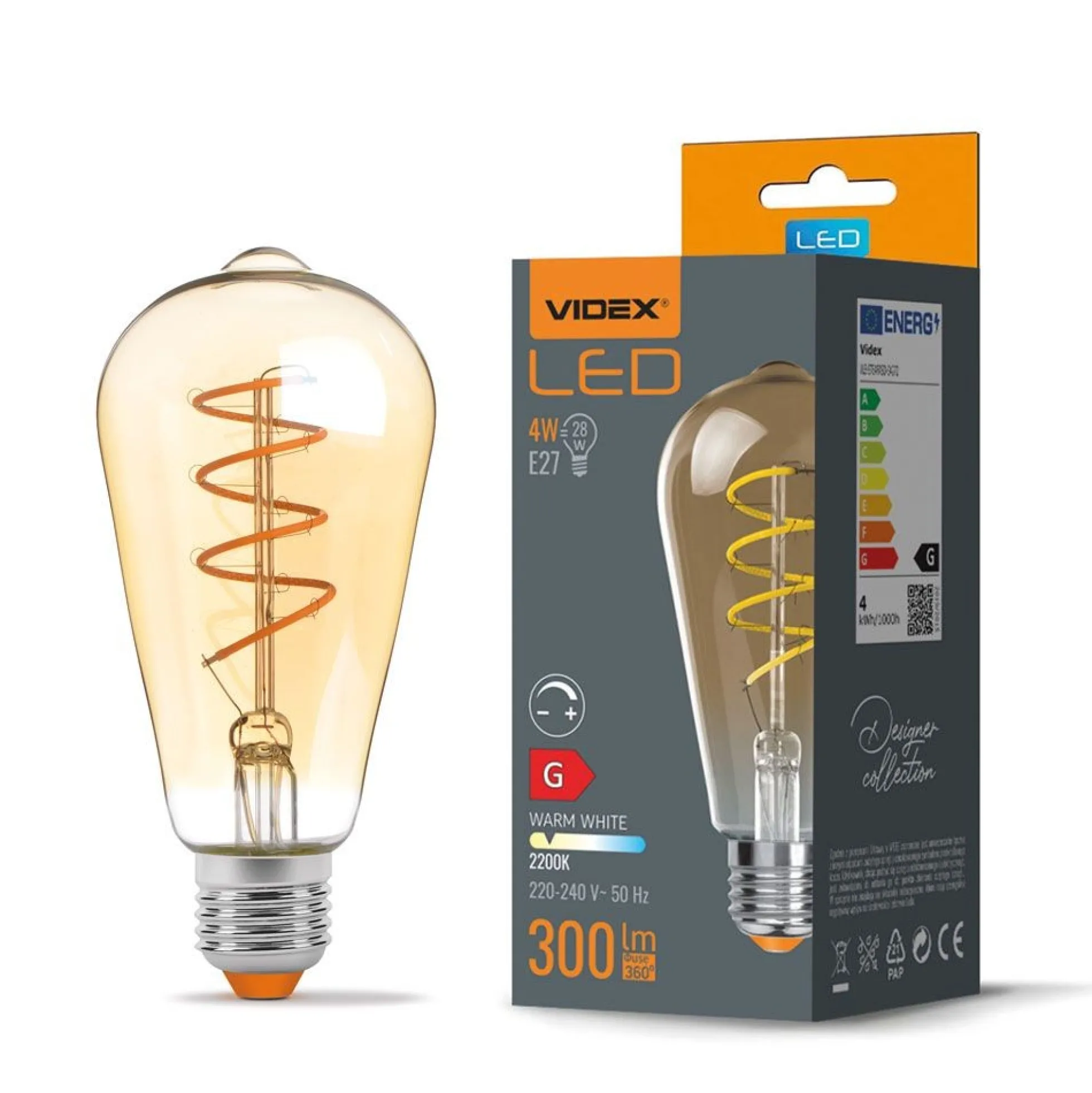 E27 4W LED pære, ST64, spiral filament, amber glas, flicker free, Dæmpbar, 2200K (udgået)