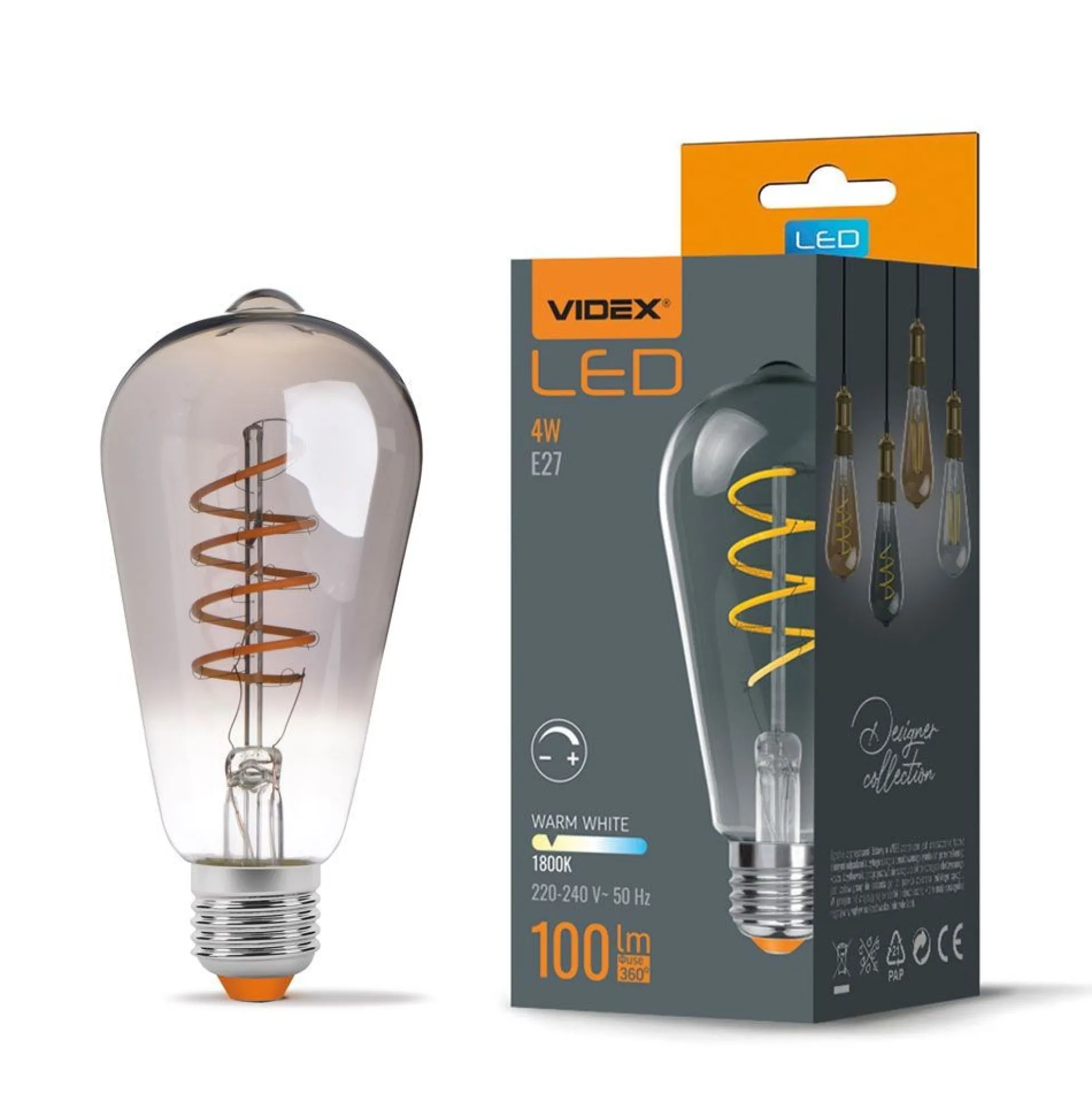 E27 4W ST64 filament LED pære, grafit glas, 100 lumen, dæmpbar, flicker free, 1800-2100K