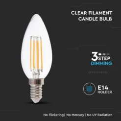 E14 4W 3-trin dæmpbar LED kertepære, kultråd, varm hvid, 3000K, 400 lumen, 35x98 mm, glas - V-TAC