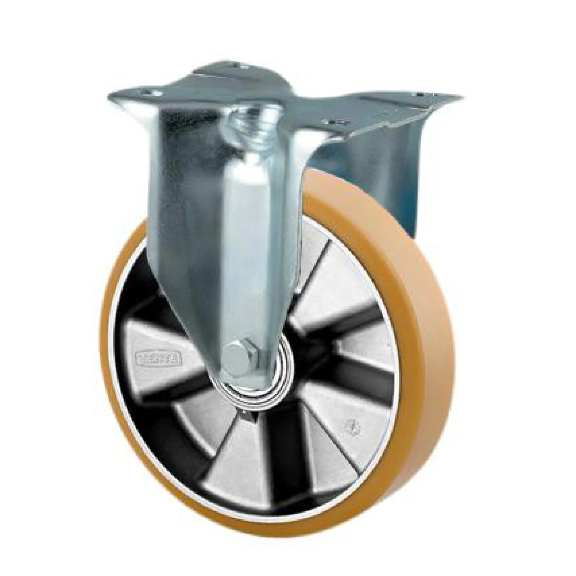 Fast hjul, polyuretan, Ø125 mm, 500 kg, DIN-kugleleje, med plade, byggehøjde 164 mm