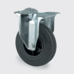 Fast hjul, sort massiv gummi, Ø80 mm, 70 kg, rulleleje, med plade, byggehøjde 108 mm, driftstemperatur -20 til +60°C