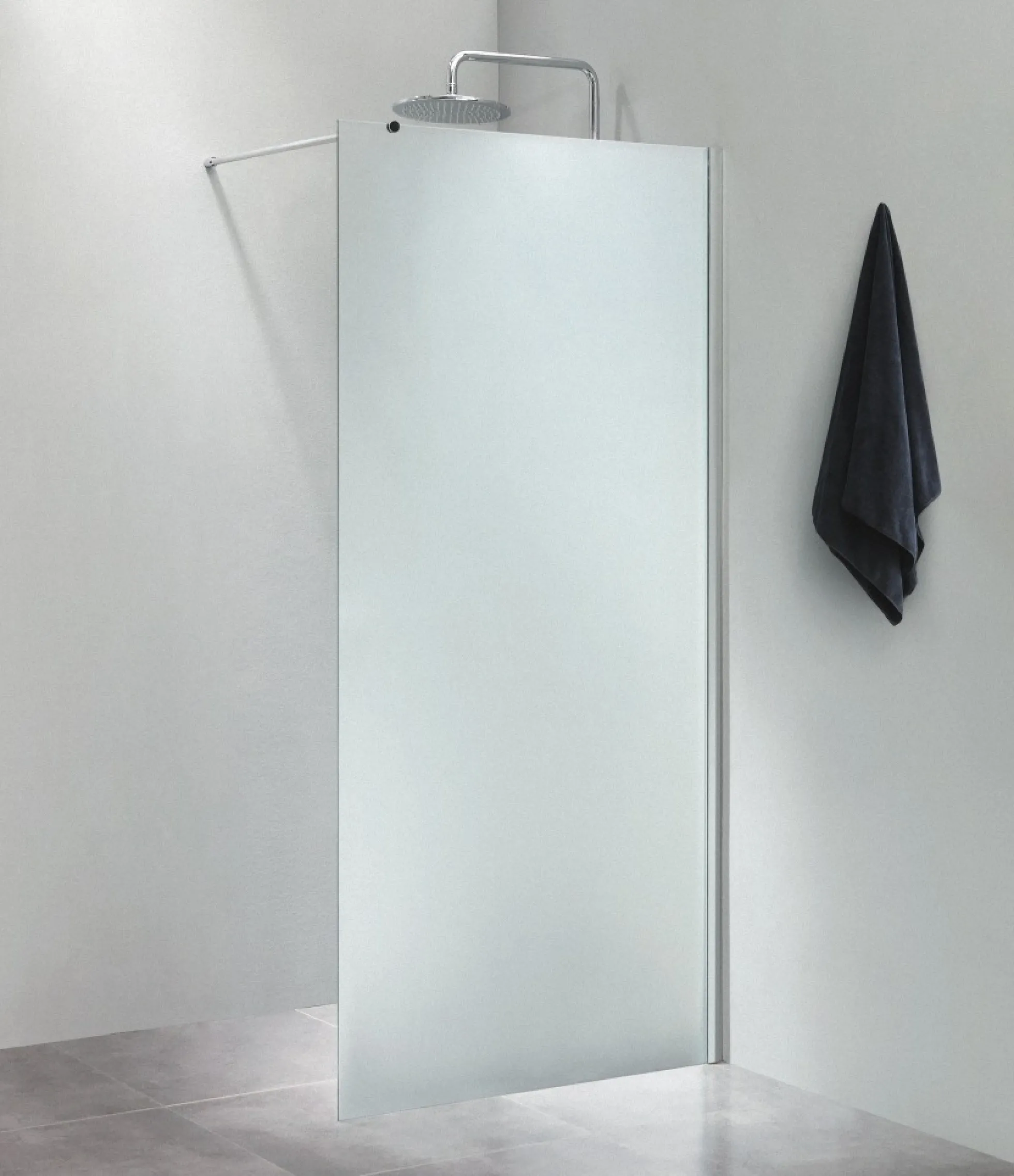 Fritstående væg, 70 cm x 200 cm, isglas, med 100 cm forhængsstang, smal blank aluprofil