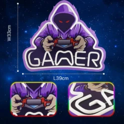 Gamer neon skilt med LED lys, stor model 39x33 cm