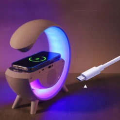 G-formet RGBIC lampe, trådløs oplader, 24x23cm, hvid, Bluetooth, 5V USB