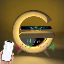 G-formet RGBIC lampe, trådløs oplader, 24x23cm, hvid, Bluetooth, 5V USB