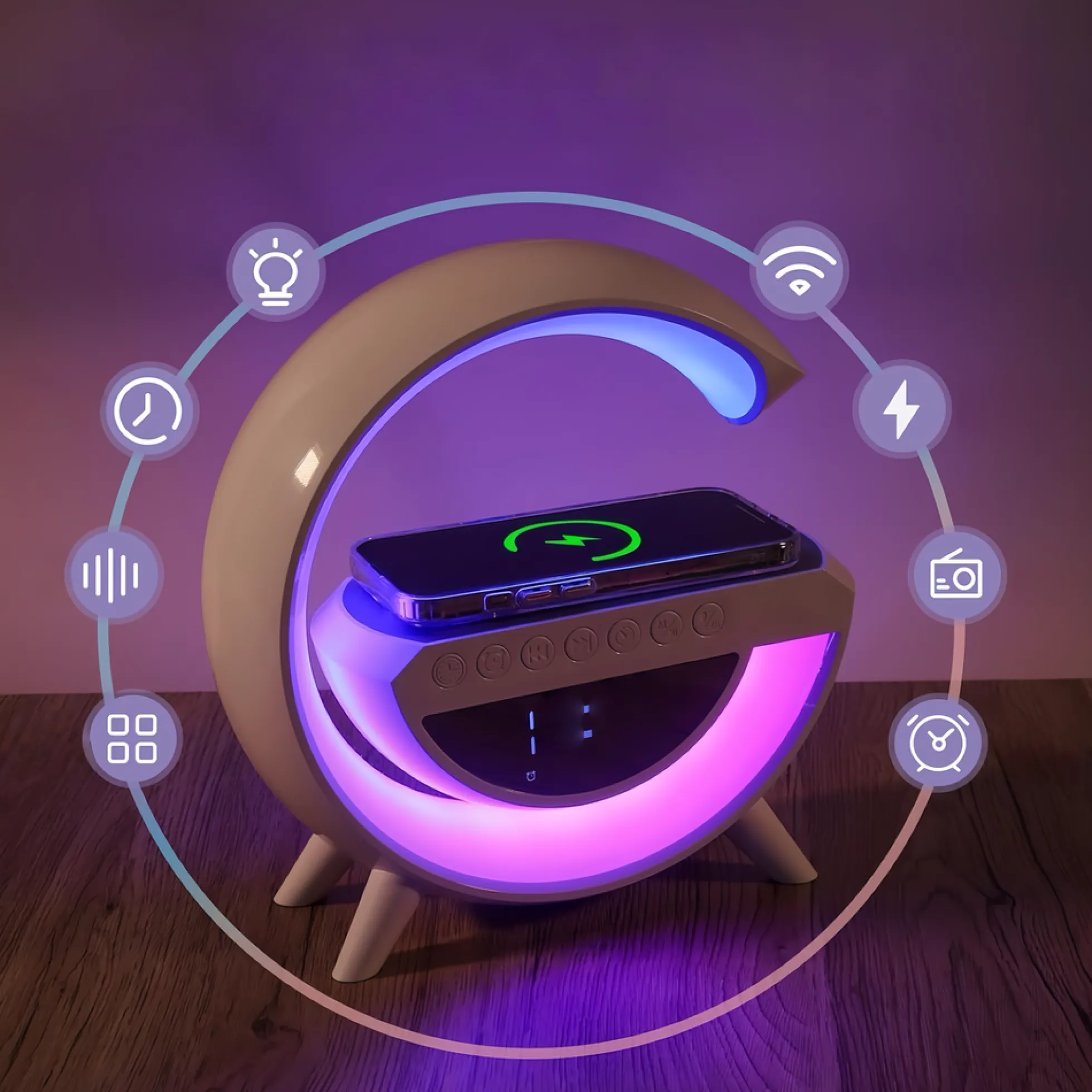 G-formet RGBIC lampe, trådløs oplader, 24x23cm, hvid, Bluetooth, 5V USB