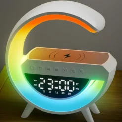 G-formet RGBIC lampe, trådløs oplader, 24x23cm, hvid, Bluetooth, 5V USB
