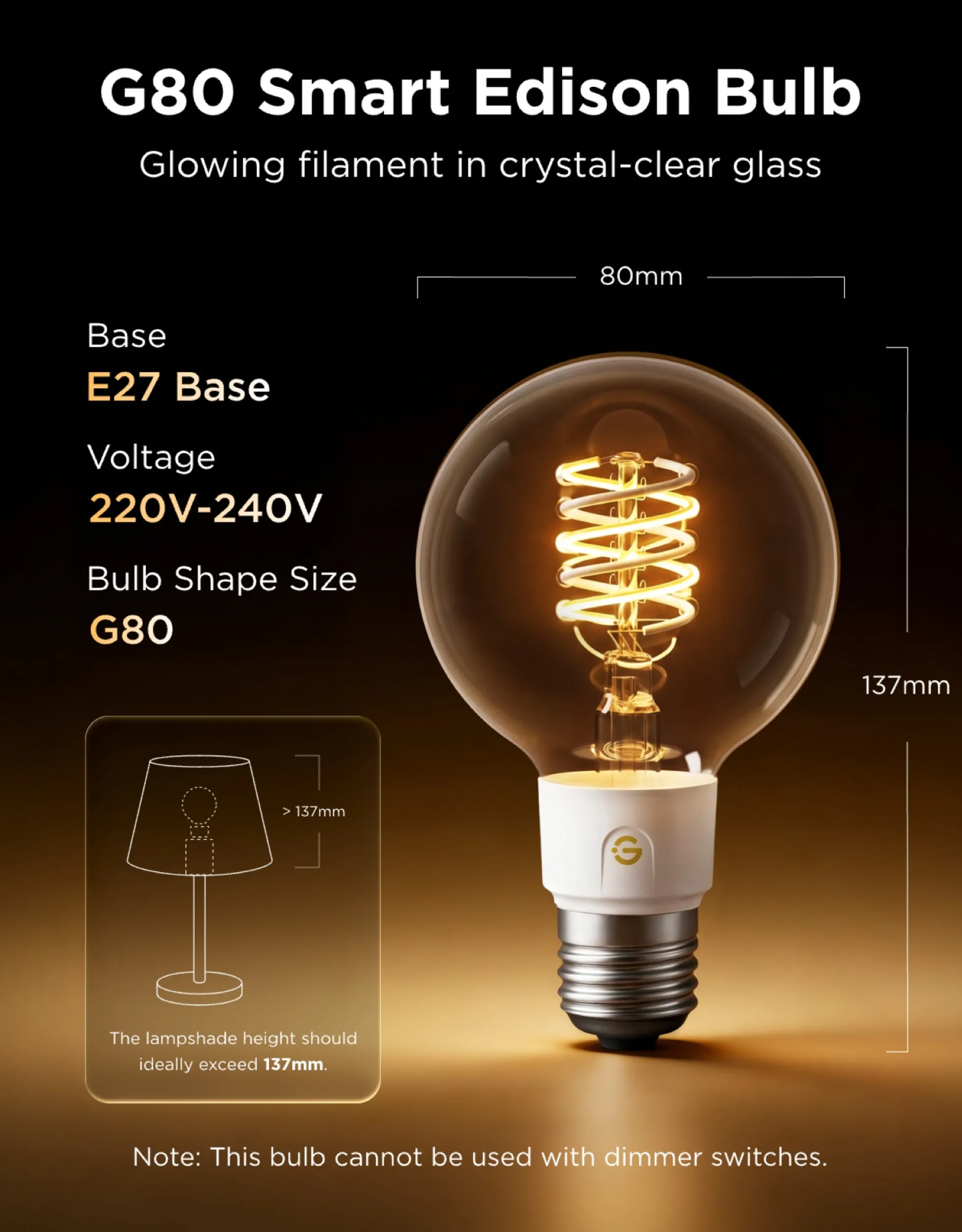 Govee E27 Smart Edison G80 Light Bulb, smart LED-globepære, 500 lm, dæmpbar, 2-pak