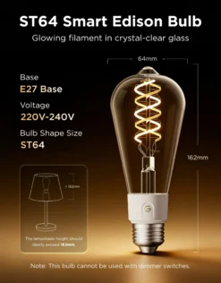 Govee E27 Smart Edison Light Bulb, smart LED-pære, 500 lm, dæmpbar, 2-pak