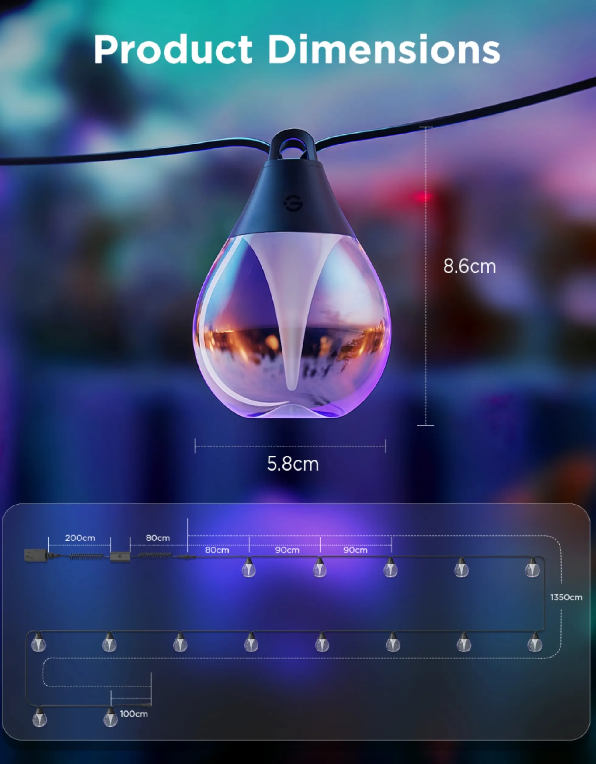 Govee Outdoor Clear Bulb String Lights, lyskæde med LED pærer, Bluetooth + Matter