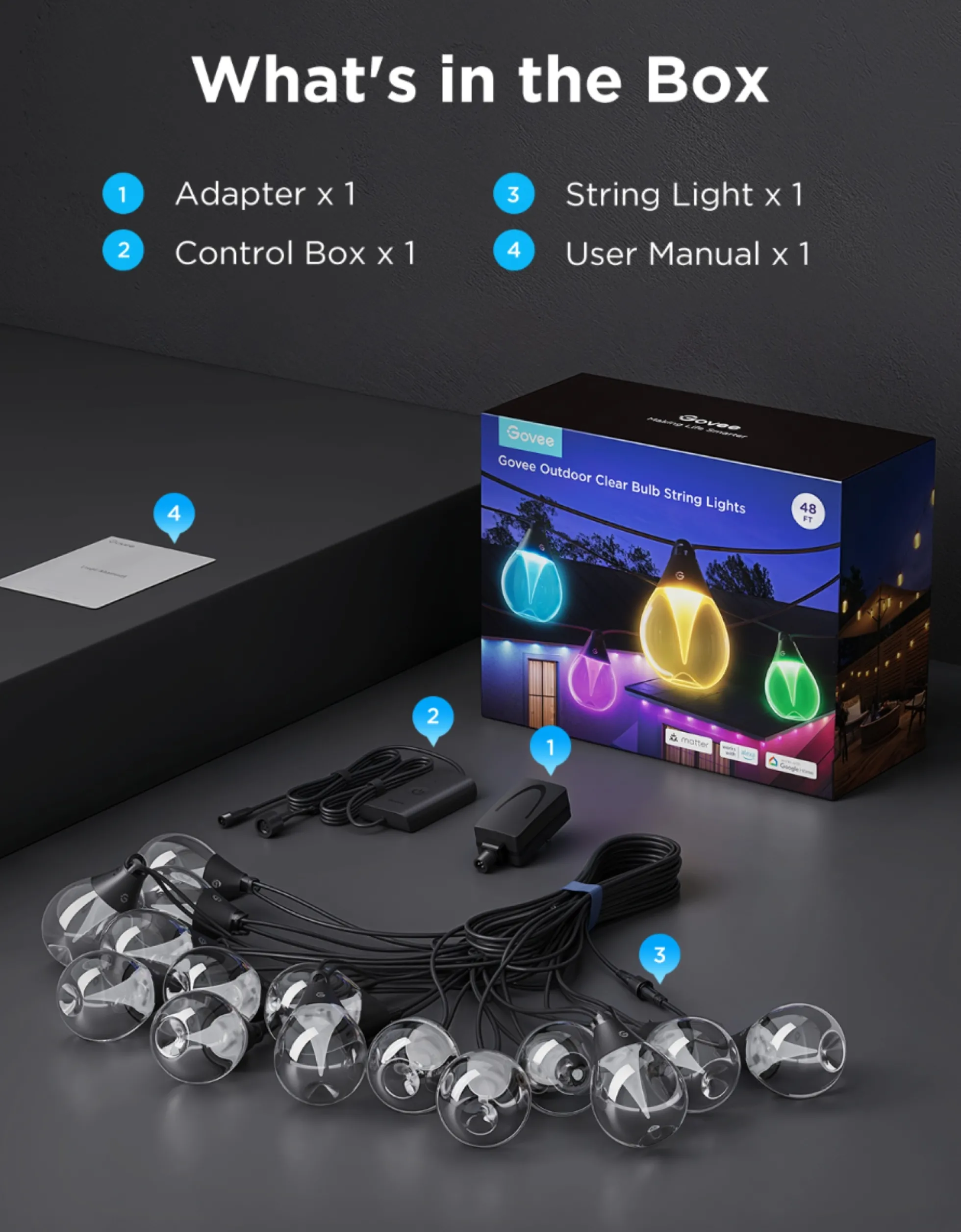 Govee Outdoor Clear Bulb String Lights, lyskæde med LED pærer, Bluetooth + Matter