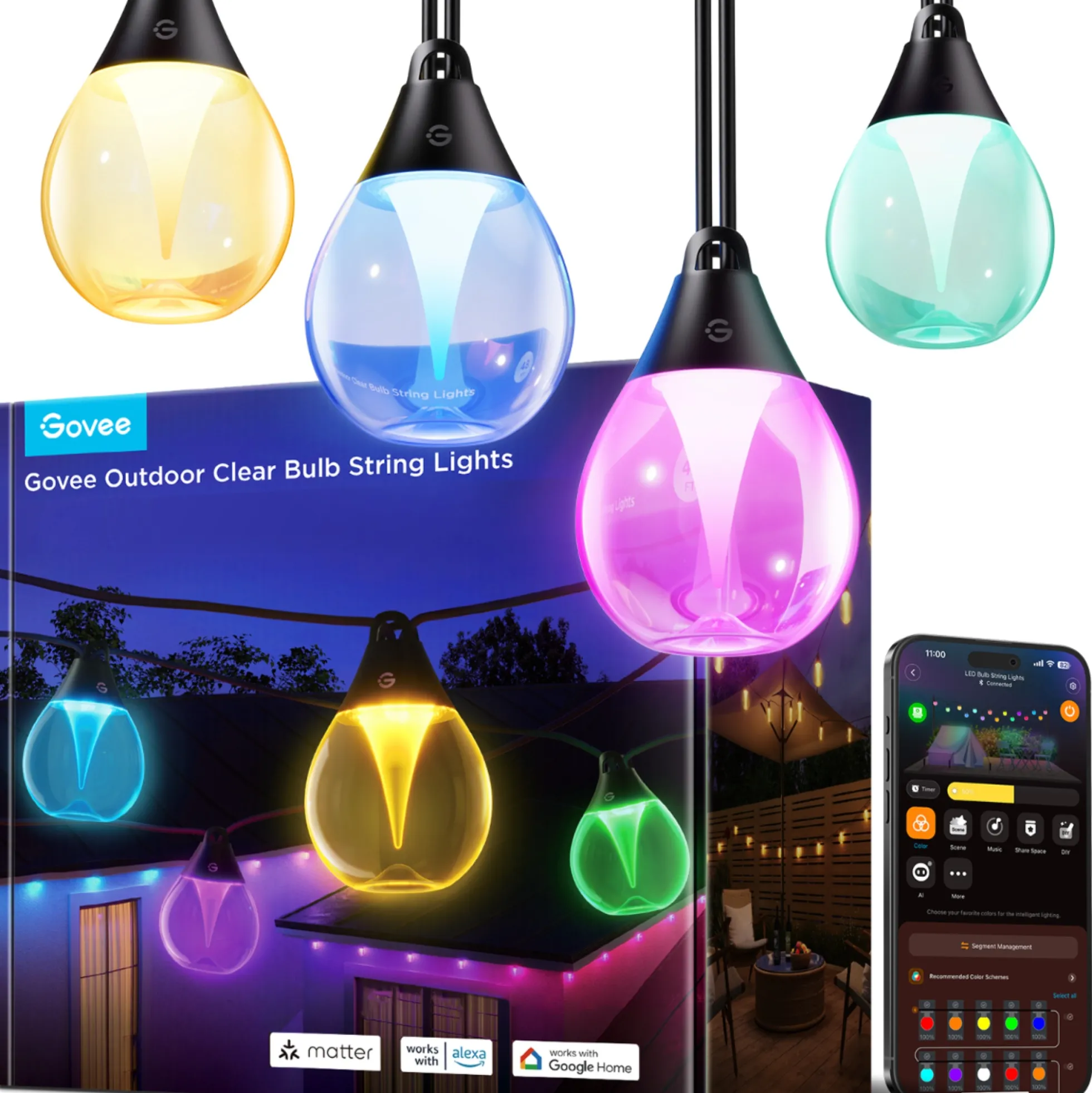 Govee Outdoor Clear Bulb String Lights, lyskæde med LED pærer, Bluetooth + Matter