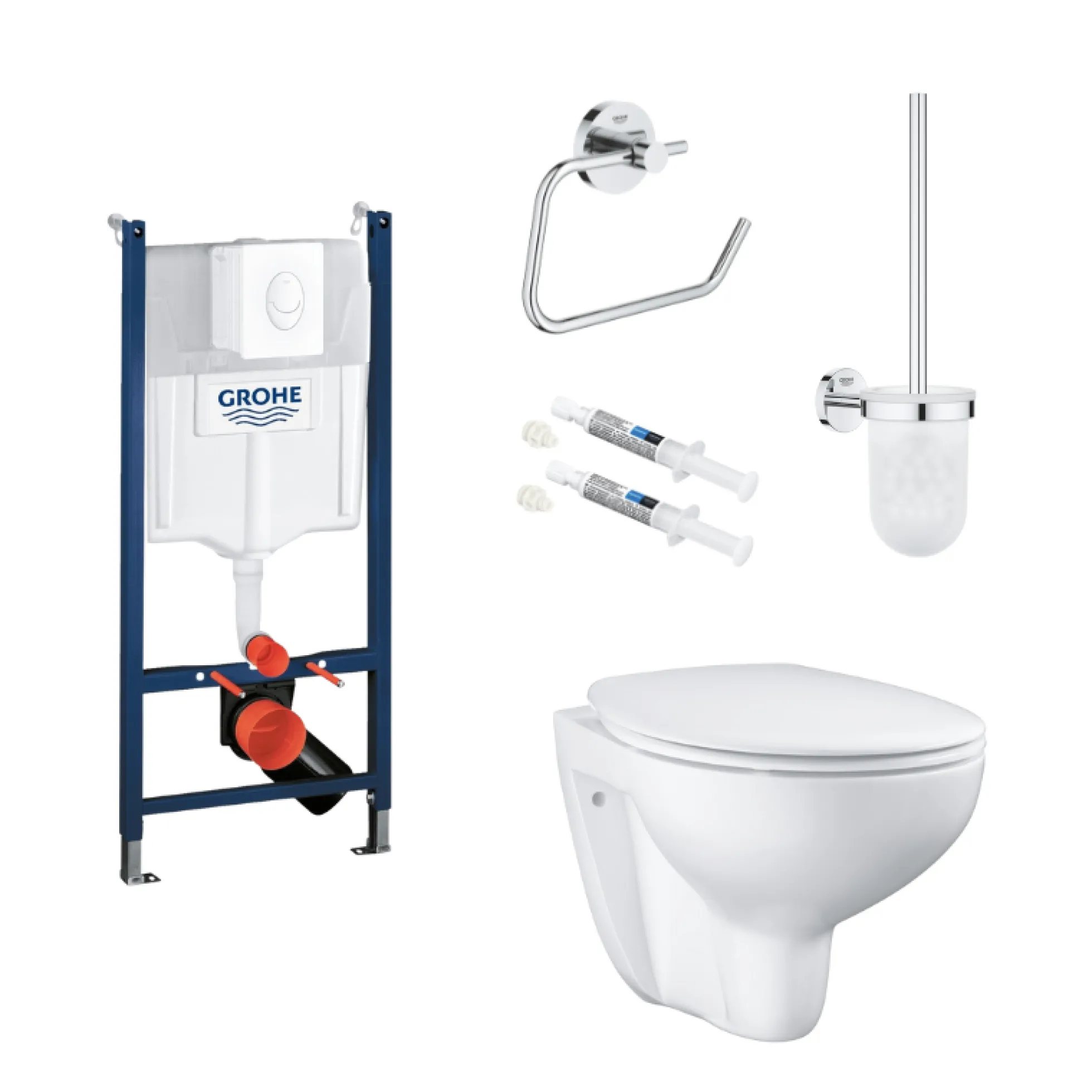 Grohe Bau toiletpakke inkl. Rapid cisterne 113 cm, trykplade, Bau væghængt toilet + SoftClose toiletsæde samt tilbehør