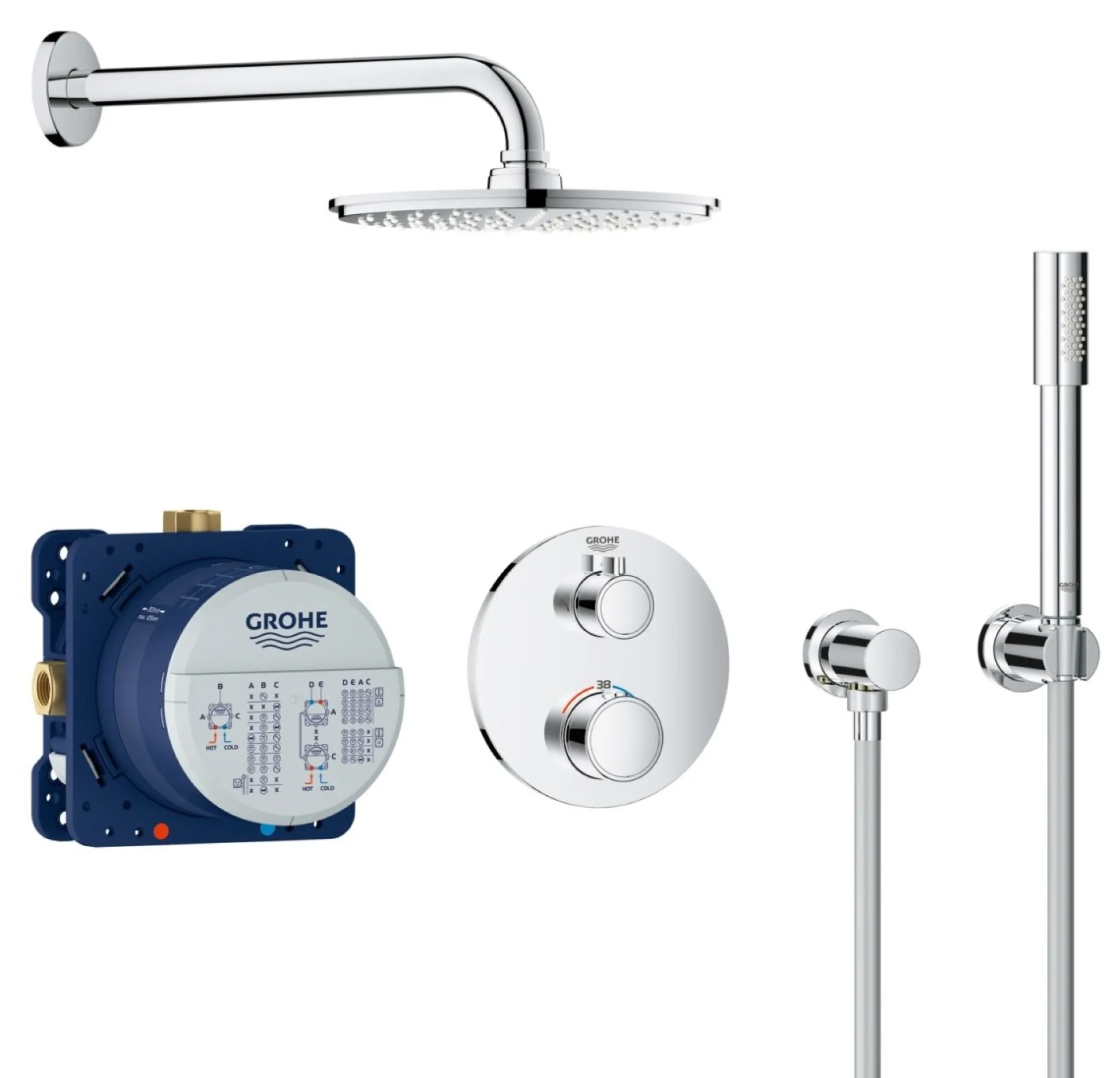 Grohe Grohtherm Rainshower indbygnings brusesæt, hovedbruser + håndbruser, 2-grebs, krom