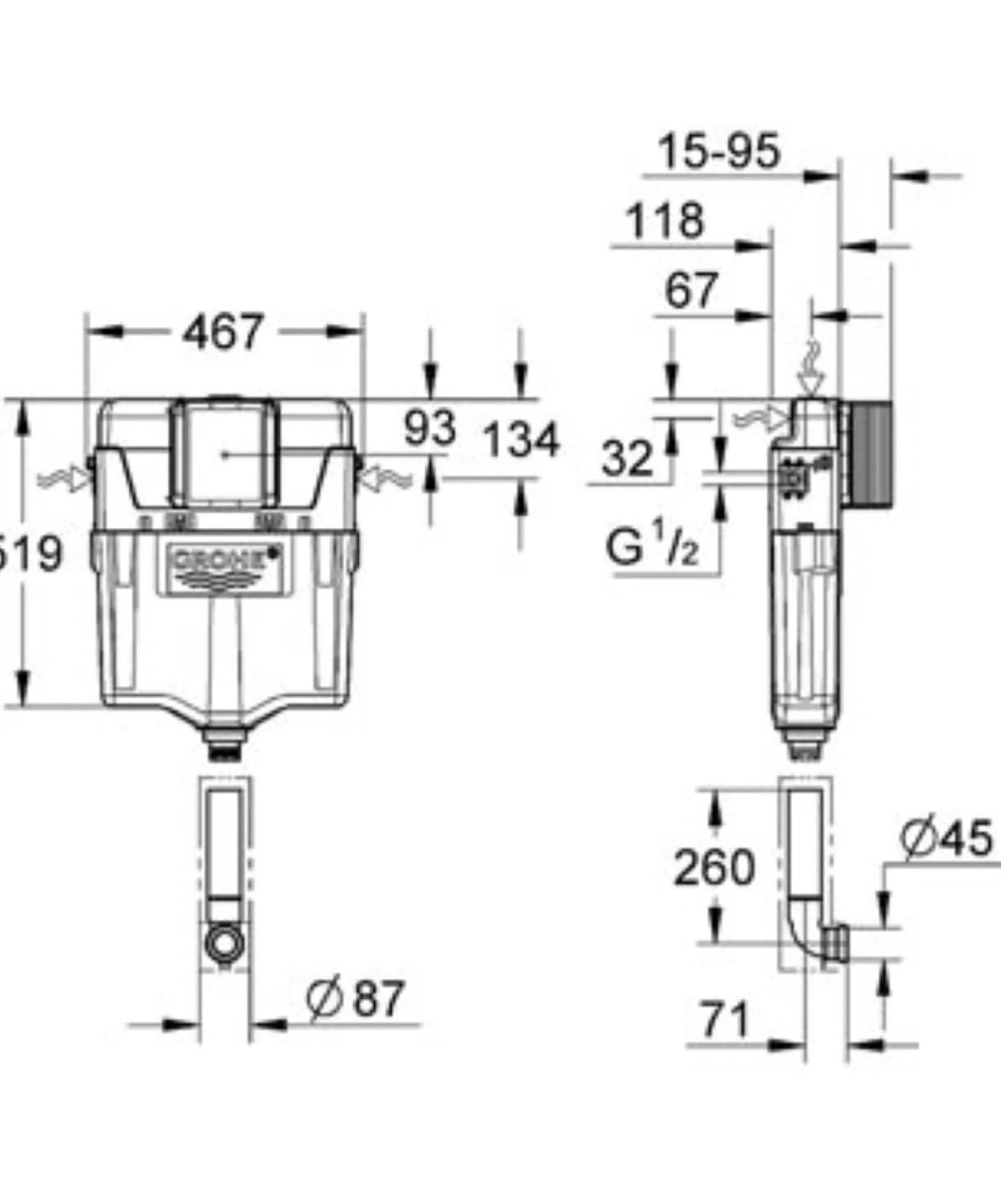 Grohe Indbygningscisterne 6-9 liter uden inst. ram, krom
