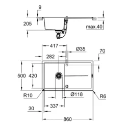 Grohe K400 kompositvask med afløbsbakke, standard indbygning, 860 x 500 mm, sort